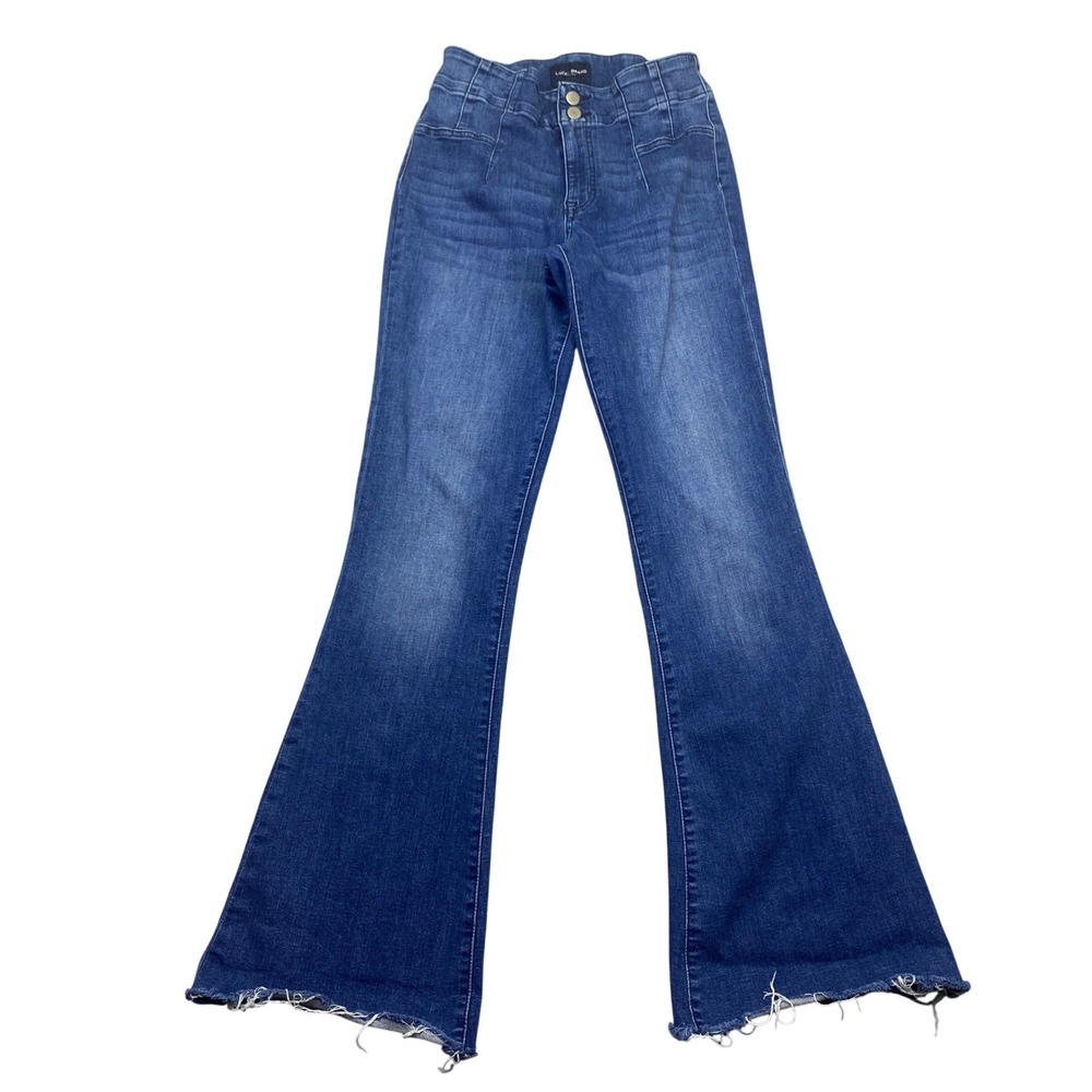Lucky Brand High Rise Flare Jeans Medium Wash Raw Hem Size 8/29R Grunge Retro